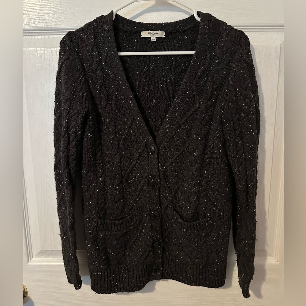 Madewell Wool Blend Knit Charcoal Button Up Cardigan Sweater with White Flecks